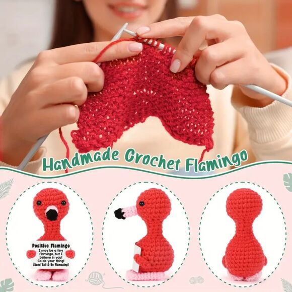 Handmade Inspirational Knit Flamingo Positive Crochet Motivate Mini Plushie Doll - Picture 4 of 4